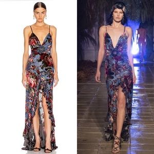 RAISA VANESSA Strass Embellished Velvet Maxi Dress Gown in Floral Size 34 NWT